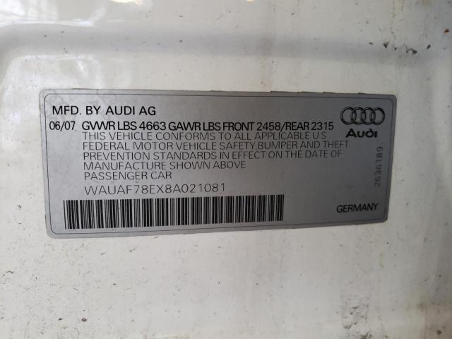 WAUAF78EX8A021081 - 2008 AUDI A4 2.0T WHITE photo 12