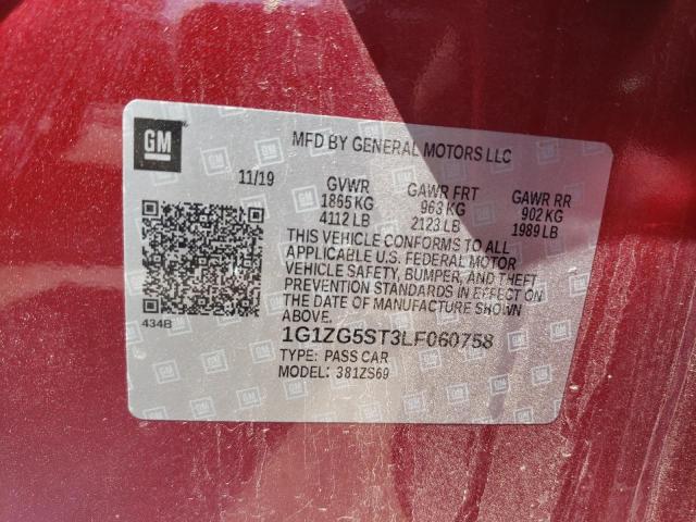 1G1ZG5ST3LF060758 - 2020 CHEVROLET MALIBU RS 红色 照片 12