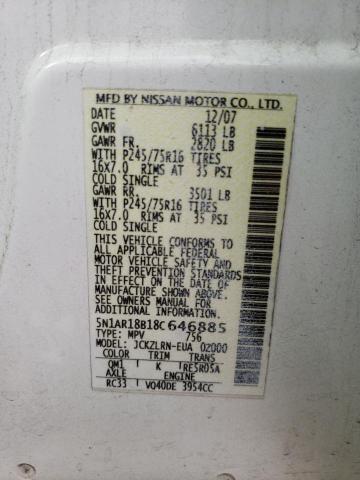 5N1AR18B18C646885 - 2008 NISSAN PATHFINDER S WHITE photo 14