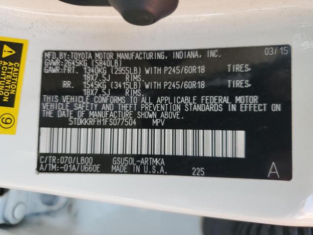 5TDKKRFH1FS077504 - 2015 TOYOTA HIGHLANDER XLE Սպիտակ լուսանկար 12