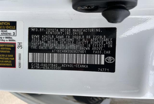 4T1BE46K09U827461 - 2009 TOYOTA CAMRY BASE WHITE photo 10