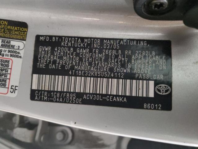 4T1BE32KX5U574112 - 2005 TOYOTA CAMRY LE SILVER photo 12