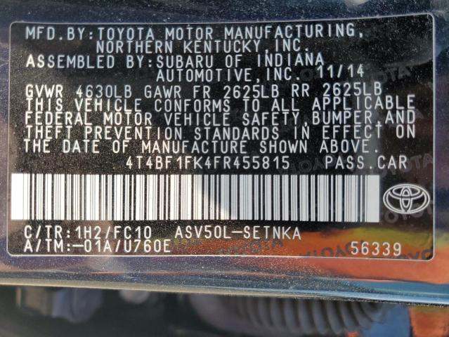 4T4BF1FK4FR455815 - 2015 TOYOTA CAMRY LE GRAY photo 12