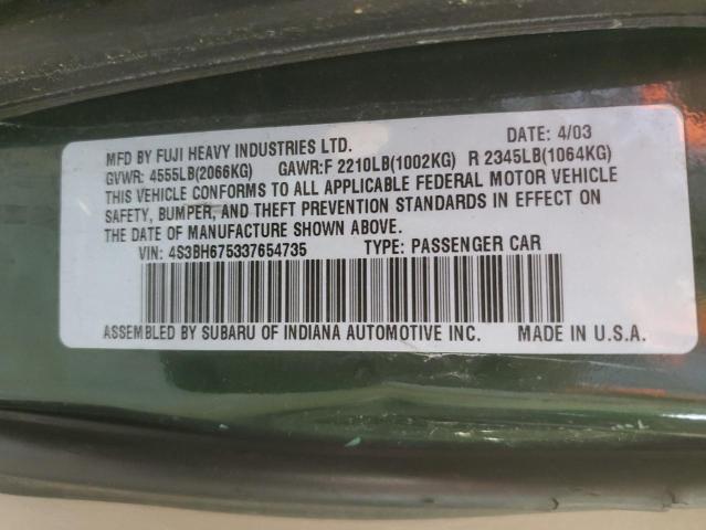 4S3BH675337654735 - 2003 SUBARU LEGACY OUTBACK AWP 绿色 照片 12