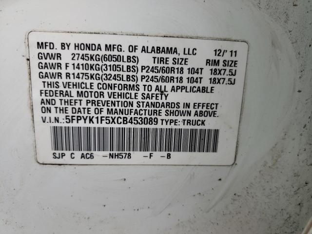 5FPYK1F5XCB453089 - 2012 HONDA RIDGELINE RTL WHITE photo 12