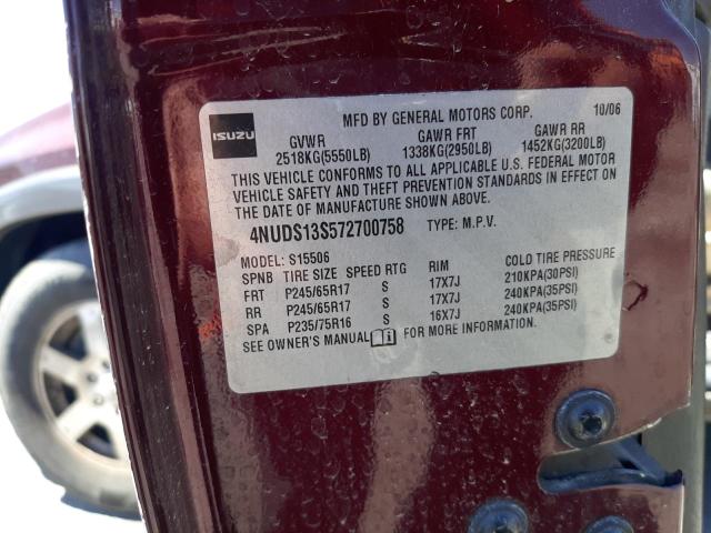 4NUDS13S572700758 - 2007 ISUZU ASCENDER S ბურგუნდია ფოტო 12