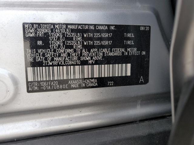 2T3W1RFV3LC084010 - 2020 TOYOTA RAV4 XLE SILVER photo 12