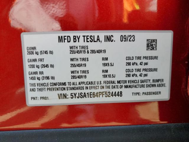 5YJSA1E64PF524448 - 2023 TESLA MODEL S ბურგუნდია ფოტო 13