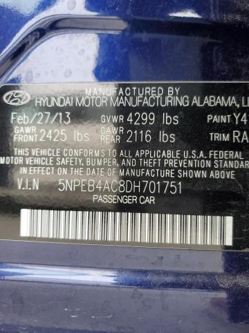 5NPEB4AC8DH701751 - 2013 HYUNDAI SONATA GLS BLUE photo 12