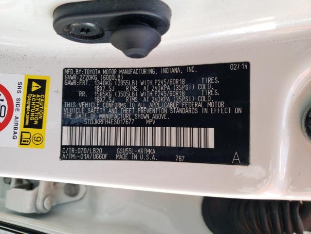 5TDJKRFH4ES017677 - 2014 TOYOTA HIGHLANDER XLE WHITE photo 12