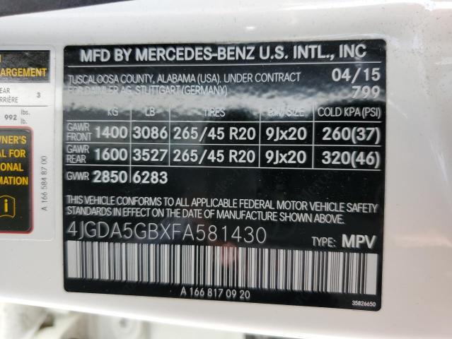 4JGDA5GBXFA581430 - 2015 MERCEDES-BENZ ML 400 4MATIC WHITE photo 13