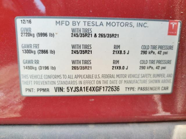 5YJSA1E4XGF172636 - 2016 TESLA MODEL S 红色 照片 13