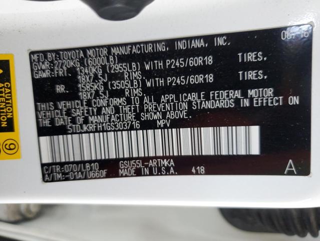 5TDJKRFH1GS303716 - 2016 TOYOTA HIGHLANDER XLE WHITE photo 13