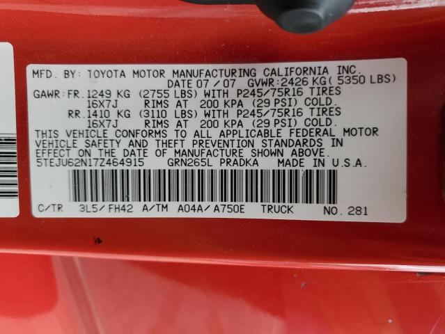 5TEJU62N17Z464915 - 2007 TOYOTA TACOMA DOUBLE CAB PRERUNNER RED photo 12