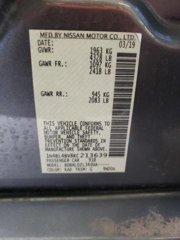 1N4BL4BV8KC213639 - 2019 NISSAN ALTIMA S GRAY photo 12