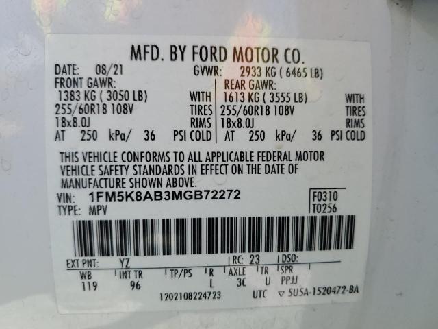 1FM5K8AB3MGB72272 - 2021 FORD EXPLORER POLICE INTERCEPTOR 白色 照片 13