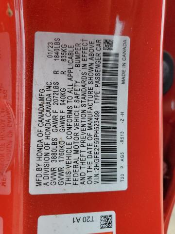 2HGFE2F59PH523499 - 2023 HONDA CIVIC SPORT RED photo 13