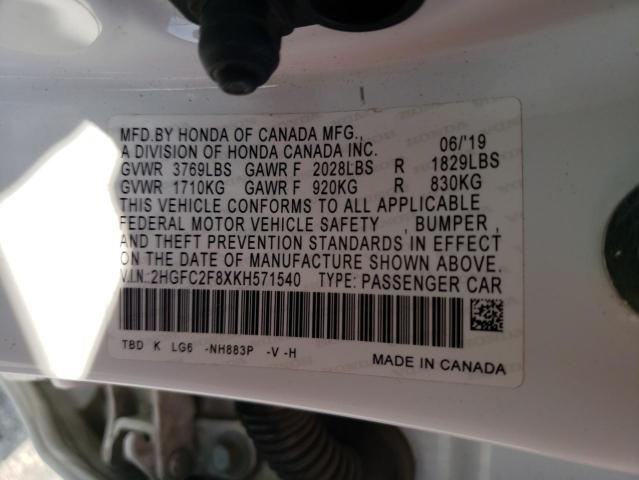 2HGFC2F8XKH571540 - 2019 HONDA CIVIC SPORT 白色 照片 12