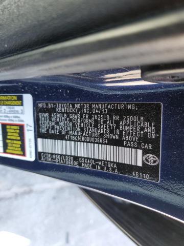 4T1BK1EB0DU038664 - 2013 TOYOTA AVALON BASE BLUE photo 12