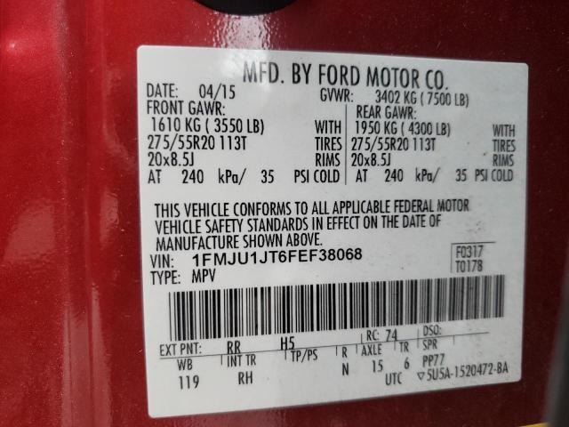1FMJU1JT6FEF38068 - 2015 FORD EXPEDITION XLT RED photo 14
