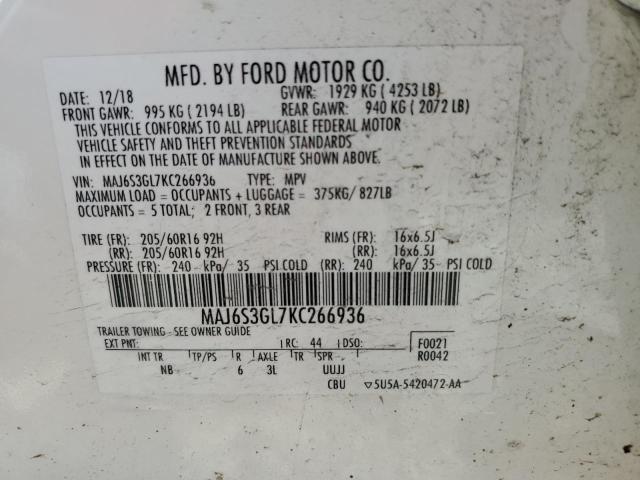 MAJ6S3GL7KC266936 - 2019 FORD ECOSPORT SE თეთრი ფოტო 12