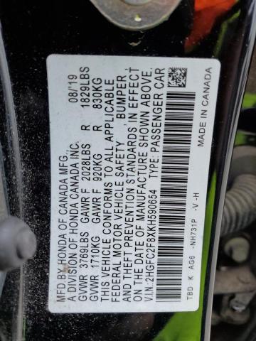 2HGFC2F8XKH590654 - 2019 HONDA CIVIC SPORT 黑色 照片 12