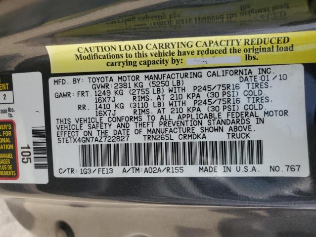 5TETX4GN7AZ722827 - 2010 TOYOTA TACOMA PRERUNNER ACCESS CAB GRAY photo 12