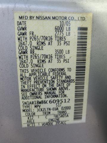 5N1AR18W86C609512 - 2006 NISSAN PATHFINDER LE 银色 照片 12