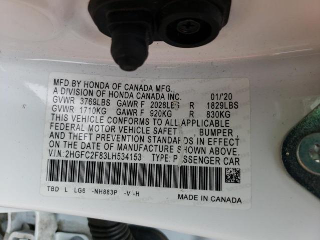 2HGFC2F83LH534153 - 2020 HONDA CIVIC SPORT თეთრი ფოტო 12