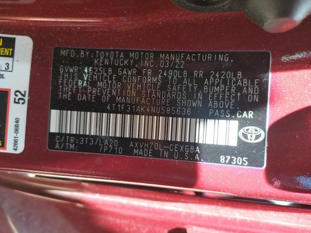 4T1F31AK4NU585636 - 2022 TOYOTA CAMRY XLE RED photo 12