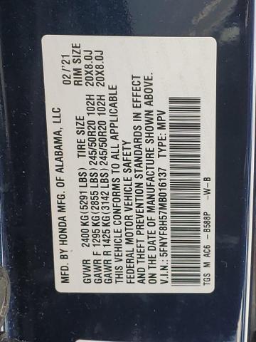 5FNYF8H57MB016137 - 2021 HONDA PASSPORT EXL BLUE photo 13