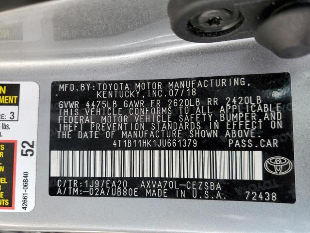 4T1B11HK1JU661379 - 2018 TOYOTA CAMRY L SILVER photo 12