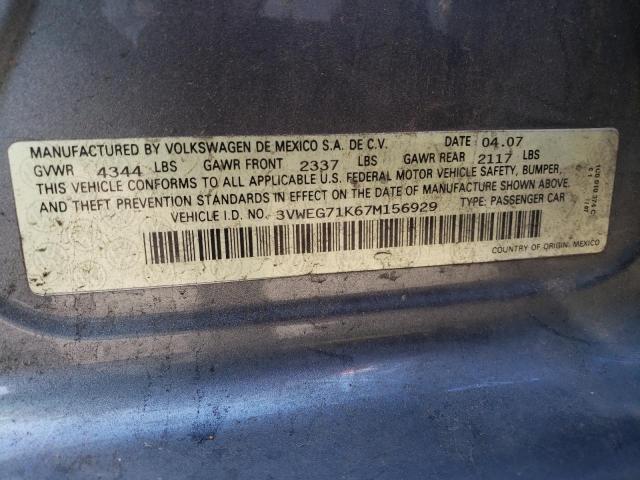3VWEG71K67M156929 - 2007 VOLKSWAGEN JETTA WOLFSBURG 石墨色 照片 12