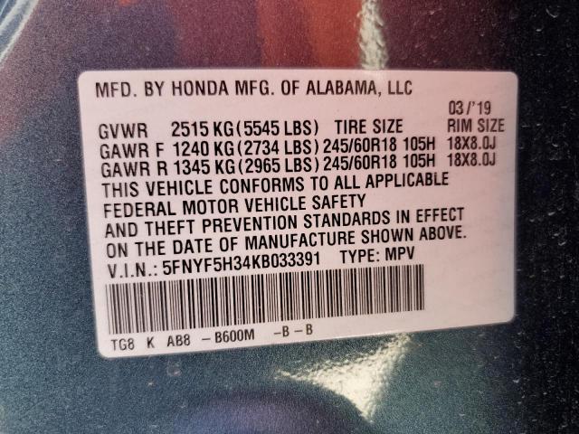 5FNYF5H34KB033391 - 2019 HONDA PILOT EX TEAL photo 13