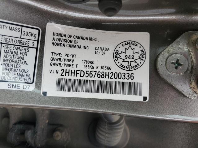 2HHFD56768H200336 - 2008 ACURA CSX TECHNOLOGY GRAY photo 13