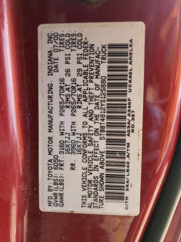 5TBBT4812YS125880 - 2000 TOYOTA TUNDRA ACCESS CAB LIMITED RED photo 12