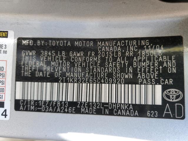 2T1KR32E65C409920 - 2005 TOYOTA COROLLA MA XR SILVER photo 12