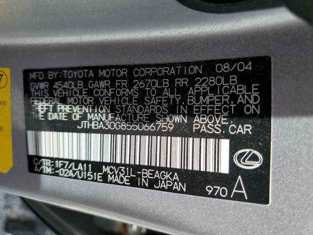 JTHBA30G855066759 - 2005 LEXUS ES 330 SILVER photo 12