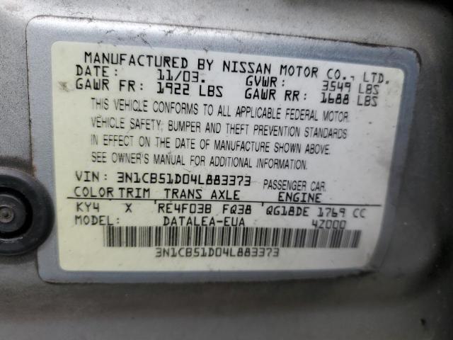 3N1CB51D04L883373 - 2004 NISSAN SENTRA 1.8 SILVER photo 12