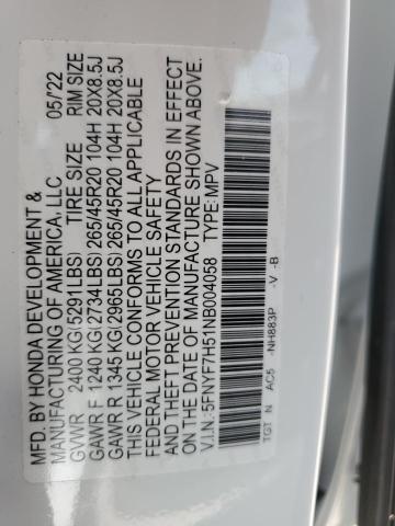 5FNYF7H51NB004058 - 2022 HONDA PASSPORT EXL WHITE photo 12