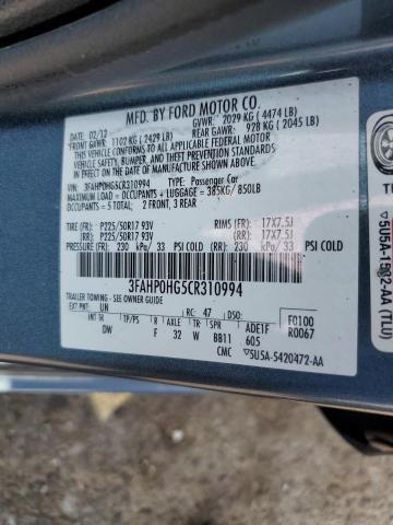 3FAHP0HG5CR310994 - 2012 FORD FUSION SE TEAL photo 12