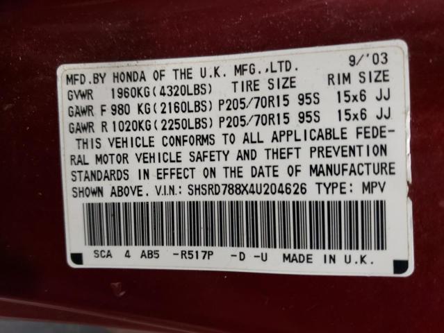 SHSRD788X4U204626 - 2004 HONDA CR-V EX BURGUNDY photo 12