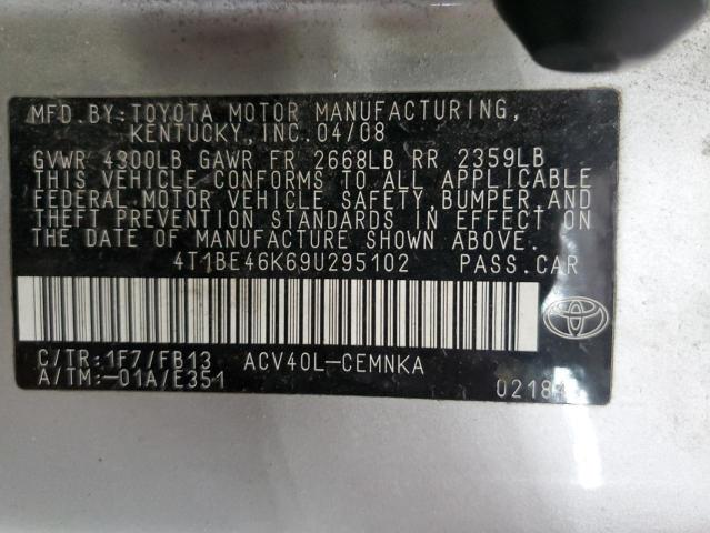 4T1BE46K69U295102 - 2009 TOYOTA CAMRY BASE SILVER photo 12