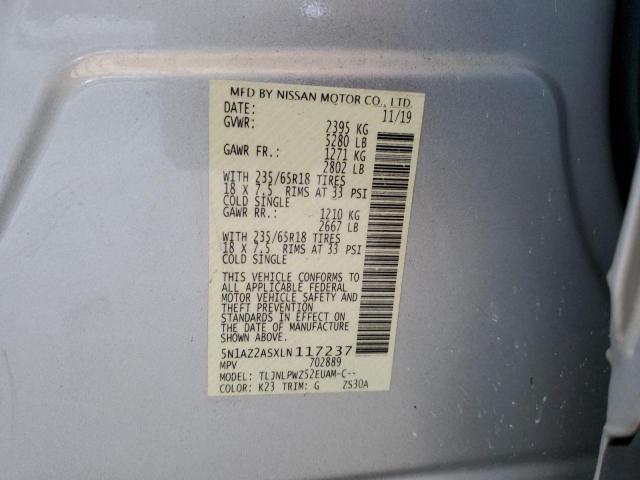 5N1AZ2ASXLN117237 - 2020 NISSAN MURANO S GRAY photo 12