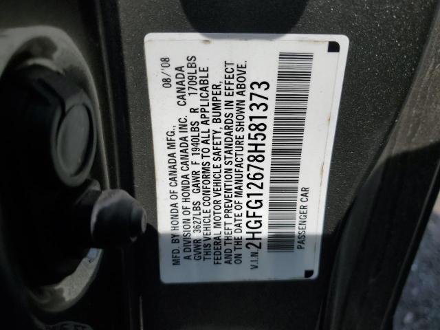 2HGFG12678H581373 - 2008 HONDA CIVIC LX GRAY photo 12