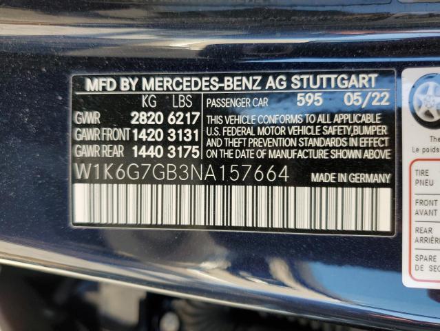 W1K6G7GB3NA157664 - 2022 MERCEDES-BENZ S 580 4MATIC BLUE photo 12