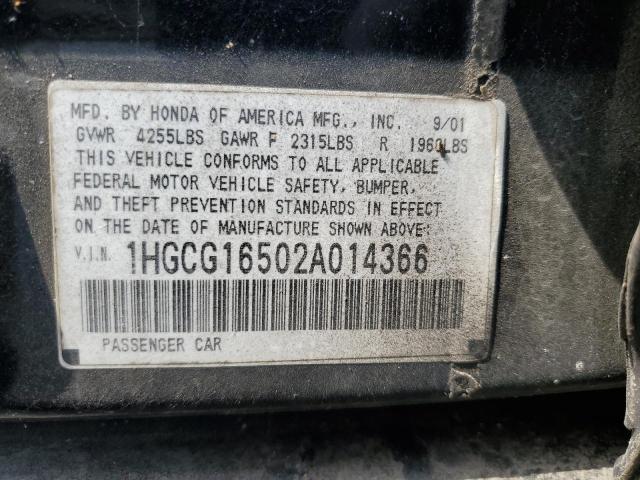 1HGCG16502A014366 - 2002 HONDA ACCORD EX BLACK photo 12