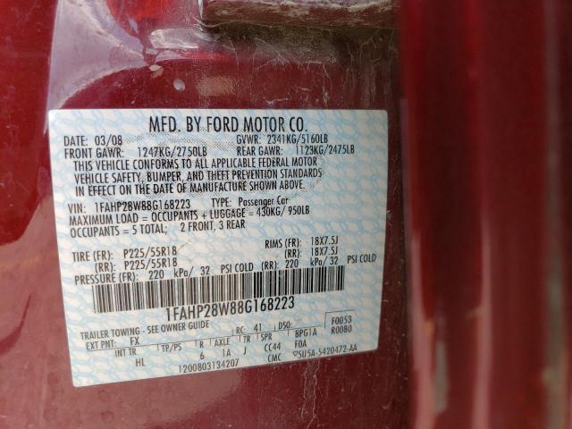 1FAHP28W88G168223 - 2008 FORD TAURUS LIMITED MAROON photo 12