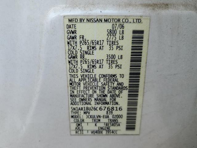 5N1AR18U26C676816 - 2006 NISSAN PATHFINDER LE 白色 照片 12