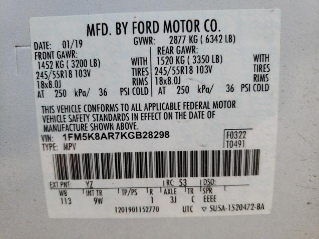 1FM5K8AR7KGB28298 - 2019 FORD EXPLORER POLICE INTERCEPTOR WHITE photo 13